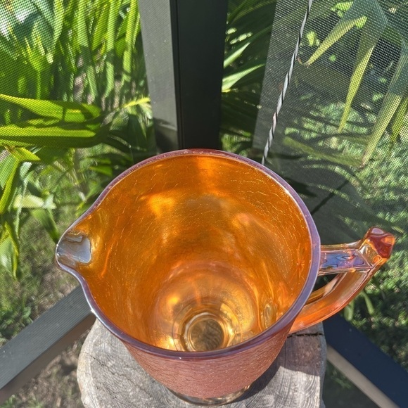 Vintage Jeannette Iridescent Crackle Marigold Carnival Glass Pitcher 8" - Picture 9 of 12